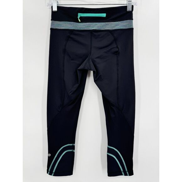 LULULEMON Inspire Crop II Dark Gray Turquoise Running Leggings Size 4 - Picture 9 of 13